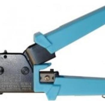 Platinum Tools EZ-RJ45 Crimp Tool with built-in cutter and stripper, designed for crimping RJ45 connectors onto Ethernet cables, features an ergonomic handle for comfort and precision crimping