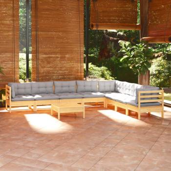 9 Piece Solid Pinewood Garden Lounge Set with Gray Cushions