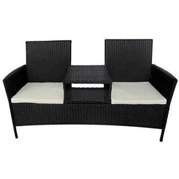 2-Seater Black Poly Rattan Garden Sofa with Tea Table