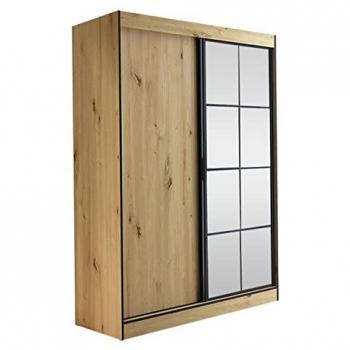 Armario Toledo 118, Roble Artisan y Negro, 216x150x65cm, Puertas Correderas, 5 Estantes y Espejo Frontal
