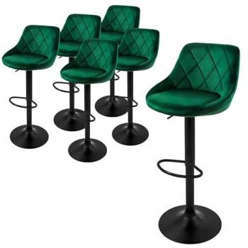Lote de 6 Taburetes de Bar Regulables en Altura de Terciopelo Verde con Respaldo Ergonómico y Reposapiés, Giratorios 360°