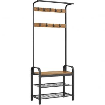 Perchero con Zapatero y Banco de Estilo Industrial - 4 en 1, con Ganchos Desmontables, Estructura de Acero, Altura de 183 cm, Color Marrón Nogal Roble