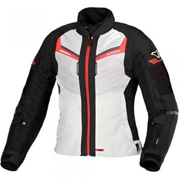 Macna Chaqueta de Moto Mujer Tondo Gris Claro-Negro-Rojo, chaqueta textil impermeable para damas, color negro, gris y rojo, tamaño L, unisex adulto
