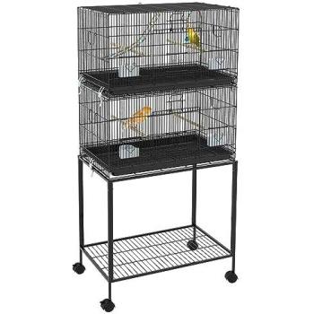 Jaula para Pájaros PawHut Metálica con Bandeja Extraíble, 2 Perchas, 2 Comederos, Doble Apilable, Ruedas, Columpio y Escalera, 77x