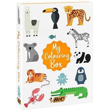 BIC My Colouring Box - Kit para Colorear con 12 Marcadores/18 Lápices de colores/6 Tubos de Pegamento con Purpurina/1 Libro para Colorear y 36 Adhesivos