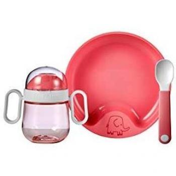 Set de Vajilla para Bebés MEPAL Mio 3 Piezas Rosa Profundo - Incluye Plato Antideslizante, Cuchara y Vaso Antiderrame, Apto para Lavavajillas