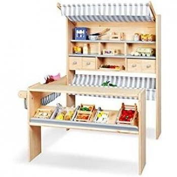 Puesto de Mercado Lucy, Gris, Madera Natural para Niños