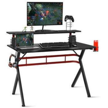 Costway Contemporary MDF and Metal Computer Desk with Monitor Shelf in Black