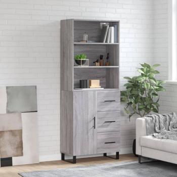 Aparador alto de madera contrachapada gris sonoma 69,5x34x180 cm con 1 puerta y 3 cajones, mueble de almacenaje para salón, buffet y armario auxiliar
