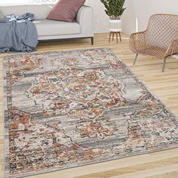 Alfombra Salón Pelo Corto Vintage Pastel Oriental con Ribete Gris Marrón 120x170 cm