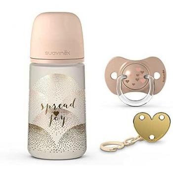 Suavinex, Pack Recién Nacido Sx Pro 0-6 Meses. Contiene: Biberón Anticólico de 270 ml Flujo Medio + Chupete Tétina Fisiológica Sx Pro en Silicona + Cadena Sujeta Chupete. 3 Productos. Spread Joy Beige