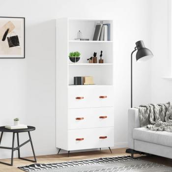 Aparador alto de madera contrachapada blanco 69,5x34x180 cm con 3 cajones, mueble de almacenaje para salón, buffet y armario auxiliar