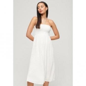Vestido Midi de Playa Fruncido Blanco para Mujer Superdry 2024, Casual, Viscosa, Sin Mangas/Tirantes