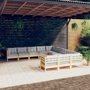 11-Piece Pinewood Garden Lounge Set with Gray Cushions