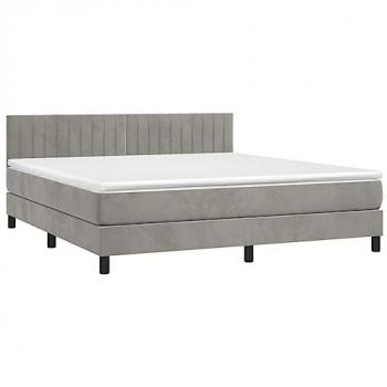 Cama box spring con colchón y LED de terciopelo gris claro 160x200 cm