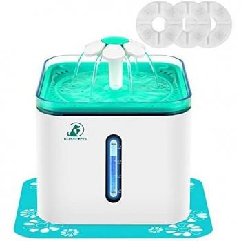 Bonve Pet 2.5L Bebedero Gatos, Fuente para Gatos Perros Mascotas Bebedero Automático Fuente de Agua Silencioso para Gatos Perros Mascotas con 3 Filtros de Repuesto, Tapete de Silicona, 3 Modos