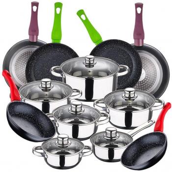 Batería de cocina 12 piezas San Ignacio Cassel en acero inoxidable con juego de sartenes (18/20/22/24/26/28 cm) San Ignacio Jolie en aluminio forjado
