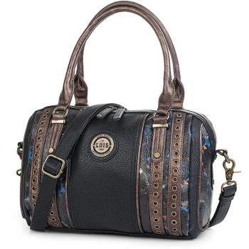 Lois - Bolso de Mujer Bowling con Doble asa y Bandolera Ajustable. con Cremallera, Bolsillo Exterior. Piel sintética - Polipiel. 95765, Color Negro
