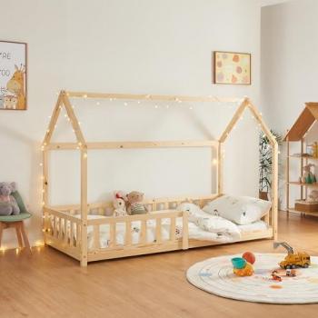 Cama Infantil Hesel en Forma de Casa de Madera de Pino 90x200cm con Barandilla - Natural