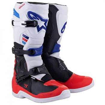 Alpinestars Botas de Motocross Tech 3 Blanco-Rojo Brillante-Azul Oscuro, características: diseño ergonómico, protección en el tobillo, suela de goma para mejor agarre, sistema de cierre con heb