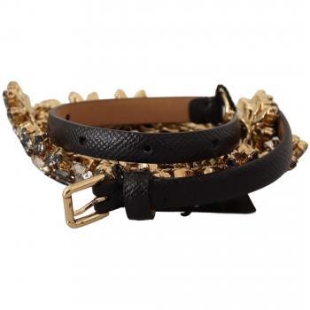 Dolce & Gabbana Black Daisy Crystal Dauphine Texture Belt - 75 cm / 30 Inches