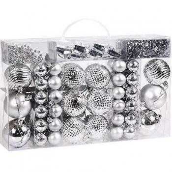 Set de 66 Decoraciones para Árbol de Navidad en Color Plata - Bolas Mate y Brillantes Ø 3/6 cm