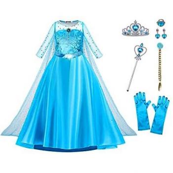 URAQT Disfraces Princesas Elsa, Vestido Princesa Niñas con Accesorios de Tiara Elsa, Traje de Princesa de Nieve, Disfraz de Halloween para Niña de Cosplay, Cumpleaños, Carnaval y Fiesta, Size 110cm