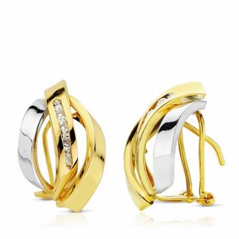 Pendientes de Oro 18k Bicolor con Circonitas para Mujer, 17mm, Estilo Omega
