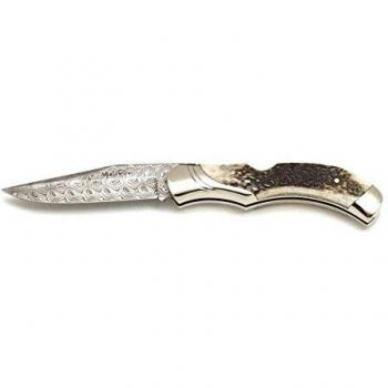 Electropolis Navaja Muela Serie GL GL-10DAM.A, Hoja de 9,5 cm de Acero Damasco INOX, con Bloqueo, asta de Ciervo y Alpaca, Mango de 120 mm + Tarjeta Multiusos de Regalo