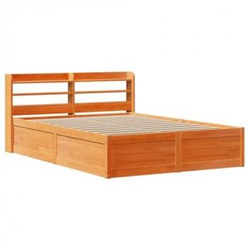 Cabecero de madera de pino macizo 120x190 cm, estructura cama con cabecero de madera de pino marrón cera, incluye marco de cama y somier, ideal para muebles de dormitorio