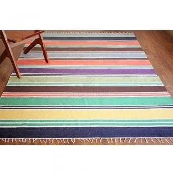 Alfombra de tejido reversible tejido 100% algodón orgánico con tintes vegetales. Estampado a rayas multicolor. Tapete. Medidas: 180x240 cm