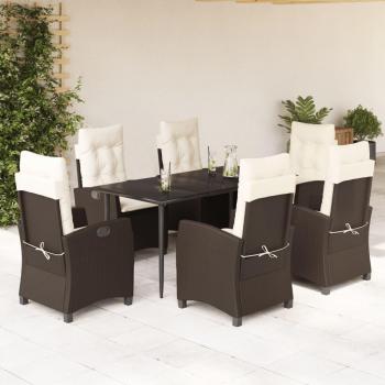 7-Piece Brown Poly Rattan Garden Dining Set with Cushions