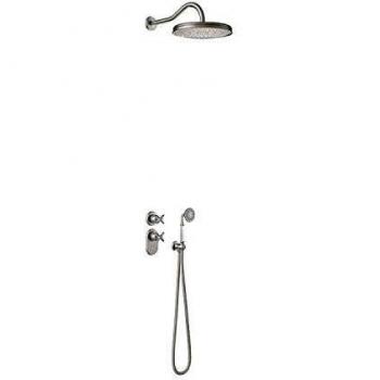 Kit de ducha termostático empotrado Tres-Clasic Color, 2 vías, ducha fija de 310 mm de diámetro con rótula, soporte con toma pared, 57 x 31 x 116,4 centímetros, color acero