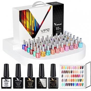 VENALISA - Kit de manicura con esmaltes de uñas de gel semipermanente VIP de 60 colores con tarjeta de color, capa base y capa superior, con secado mediante UV/LED, para hacer tu propia manicura