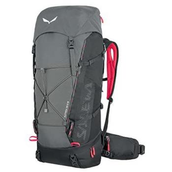 Mochila Alptrek 38+5L para mujer en color gris oscuro con detalles en sombra y fluo coral