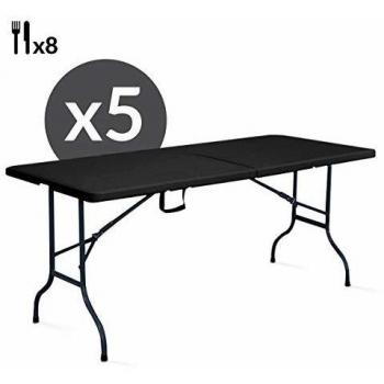 Juego de 5 mesas plegables negras para camping, 8 personas - 180 cm x 74 cm x 75 cm