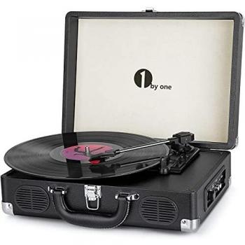 1 BY ONE Tocadiscos Vintage Bluetooth con Placa Giratoria de 3 Velocidades y Altavoces incorporados, Salida RCA, Auriculares, MP3, Reproducción de música de móviles, Negro