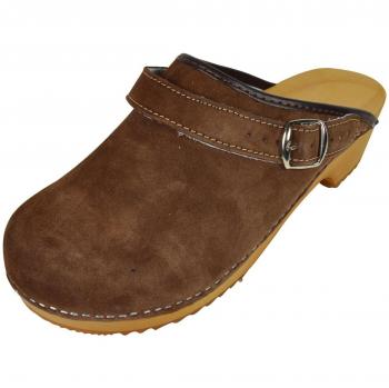 Buxa Zuecos de Ante Unisexo con Suela de Madera y Correa Ajustable. Marrón. Talla 43
