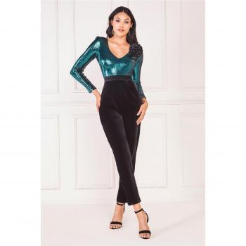 Goddiva Liquid Sequin Jumpsuit With Corsage - Emerald Green