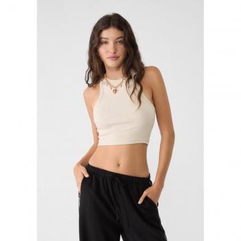 Stradivarius Basic Ribbed Crop Top in Stone XS