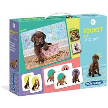 Clementoni-18071 - Edukit 4 en 1 - Cachorros - juego educativo con memo, puzzle, cubos con dibujos y dominó a partir de 3 años