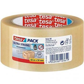 Tesa - Paquete de 6 cintas adhesivas de PVC ultra resistentes para embalaje seguro y paquete seguro, transparente, 6 rollos cada 66 m