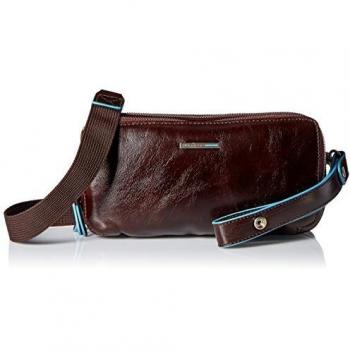 Piquadro Blue Square Brown Leather Hand Pouch with 3 Compartments and Removable Wrist Strap