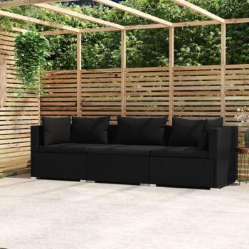 Sofá de 3 plazas con cojines de Polyrattan negro