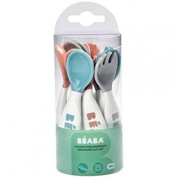 BÉABA, Juego de Cubiertos Ergonómicos, Juego de 6 cucharas y 4 tenedores, Mango corto y Redondeado, Fácil Agarre para el Bebé, Apto para Diestros y Zurdos, Gris/Azul/Rosa