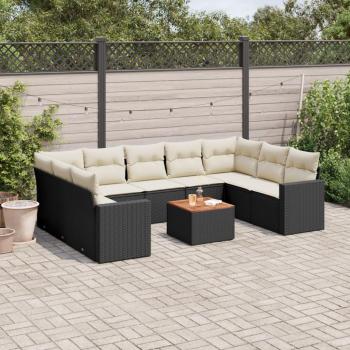10-Piece Black Poly Rattan Garden Sofa Set with Cushions