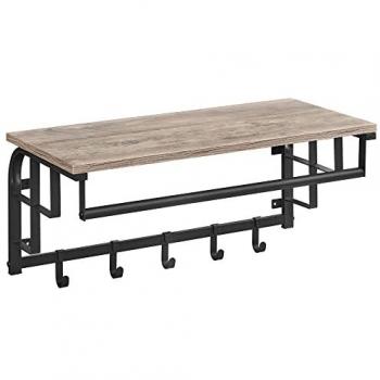 Perchero de Pared Vintage con Estante y 5 Ganchos, Color Greige y Negro, Regulable de 66 a 80 cm