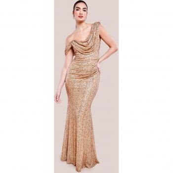 Goddiva Sequin Cowl One Shoulder Maxi Dress - Gold