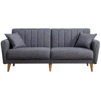 Sofá cama de 3 plazas en lino gris oscuro con 2 cojines y patas de madera - L210 cm