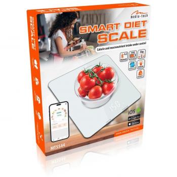 Báscula de cocina inteligente SMART DIET SCALE MT5544 - Con conectividad Bluetooth, aplicación móvil para seguimiento nutricional, capacidad de hasta 5 kg, pantalla LCD retroiluminada, función de tara y diseño compacto